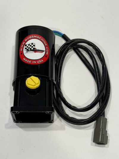 Black cylindrical motor unit with a yellow knob and a long looped power cable, featuring a red Bob's Machine logo (Made in USA).